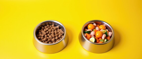 Two bowls containing dog food, one processed and one natural. A comparison of various diet types. The transition from one system to another. Yellow backdrop with copy space.