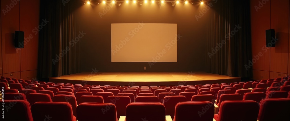 Aufkleber empty auditorium with rows of red theater seats facing a blank screen and stage.