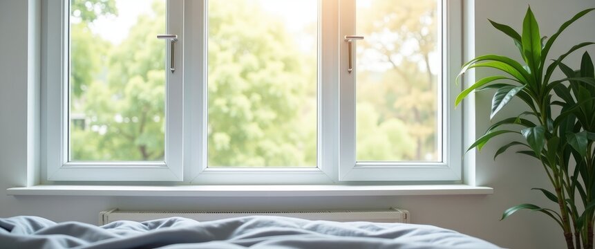 Fototapeta White window frame featuring modern profiles in the bedroom. Natural light in the living room. Interior design aligned with functional trends for a cozy home.