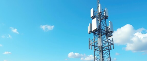 A tall communication tower featuring multiple antennas set against a clear blue sky.