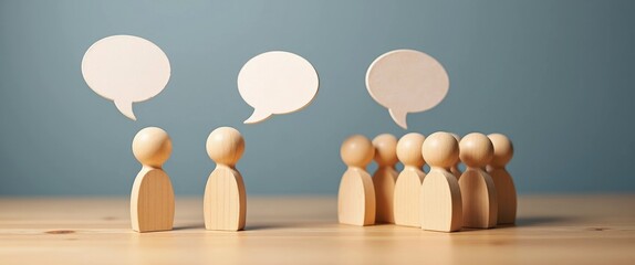 Wooden figure standing out among a group of diverse individuals, conversation concept, Wooden figurine with dialogue bubble, Distinct human form, Leadership, Human resource.