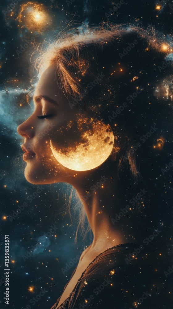 Aufkleber surreal representation of a glowing woman with celestial elements against a cosmic backdrop at twili