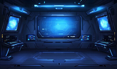 Futuristic control room with illuminated screens and advanced technology, set in a sci-fi environment