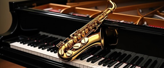 Alto saxophone resting on grand piano