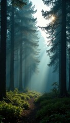Obraz premium Dense fir forest in misty morning, soft light filters through trees , retro, firs, misty