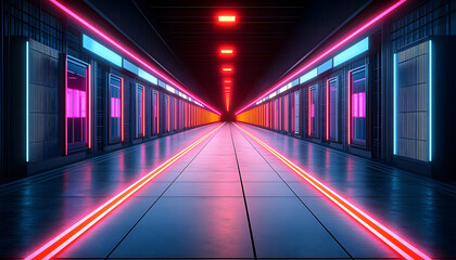 Fototapeta premium Futuristic corridor illuminated by neon lights, showcasing vibrant colors and sleek design elements