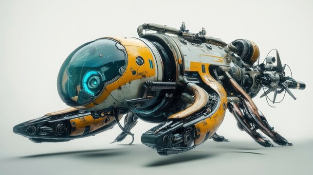 An imaginative depiction of an underwater squid-like biopunk exploration vehicle