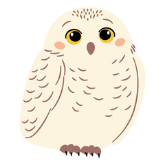 Flat vector illustration in a simple children's style. Animals of the north pole. Cute polar white owl on white background . Vector illustration