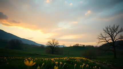 Serene Sunset Landscape with Yellow Flowers Meadow and Silhouetted Trees