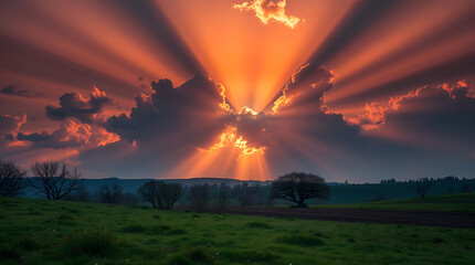 Dramatic Sunset Rays Burst Through Dark Clouds over Green Field	