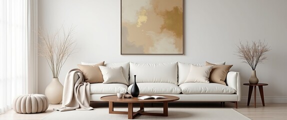 A tranquil, minimalist living room featuring a soft, white sofa with neutral cushions and a cozy blanket. A wooden coffee table, abstract wall art, and stylish decor enhance the serene atmosphere.
