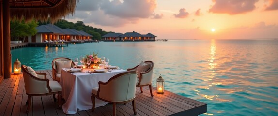 Extraordinary romantic dinner on the beach on a wooden deck adorned with candles beneath a sunset sky. Romance and love, luxury destination dining, exotic table arrangement with a view of the sea.