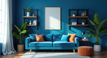 A glamorous blue velvet sofa pouf, black metal shelves, posters, plants, and contemporary home decorations create an attractive modern living room interior design. The wall color is blue. The space...