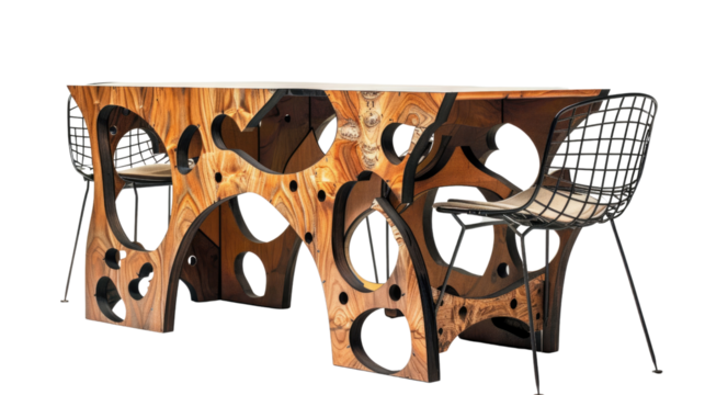 Unique Wooden Table: A striking, modern wooden table showcases a unique design with intricate cutouts, exuding elegance and sophistication, paired with complementary chairs.