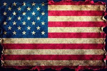 Distressed American flag with ripped edges and frayed fabric, worn denim background, flag, rugged