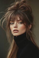 Fototapeta premium Model poses with elegant hair and makeup, showcasing a sophisticated look in a studio setting during late afternoon hours with soft lighting and neutral background