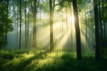 Obraz premium Hazy forest at early spring light showcases captivating grace of mottled beams dewy scenes and renewing feel of nature’s turn 