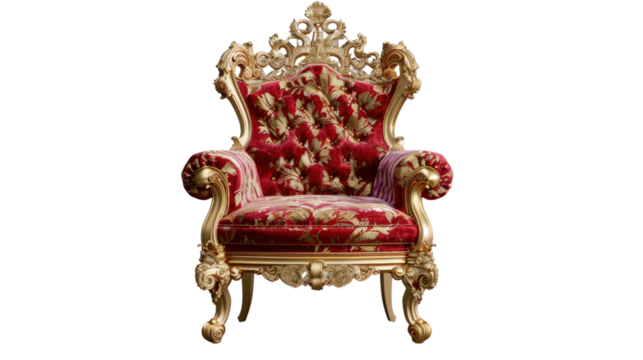 Opulent Throne: An exquisite, ornately carved antique throne, draped in rich crimson velvet and adorned with gold accents, standing as a symbol of power, luxury, and royalty. 