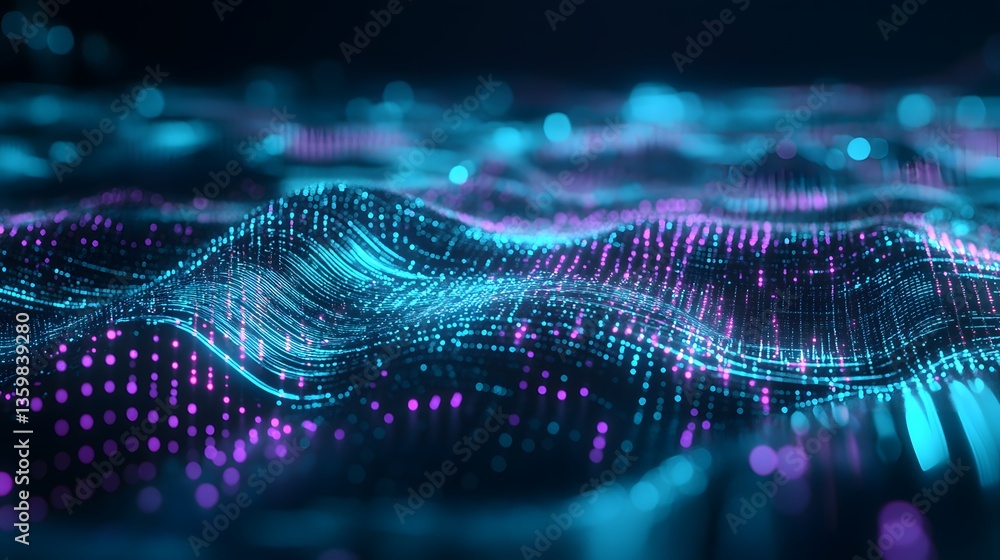 Poster abstract visualization of digital information with glowing dots and lines