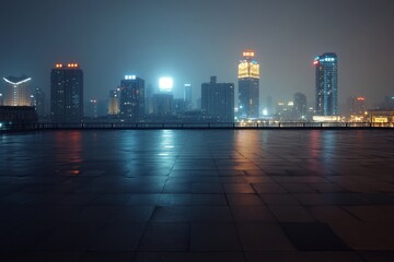 Fototapeta premium Empty square floor and modern city skyline with buildings at night in Ningbo, Zhejiang Province, China