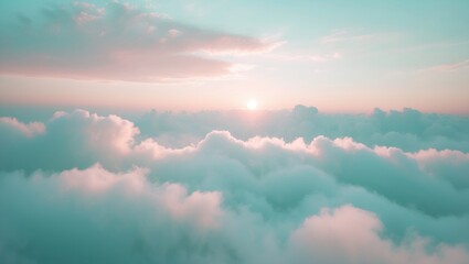 Background of morning dawn over a cloudy sky. Heaven of pastels and soft focus lens flare. Abstract tranquil nature with a hazy white cyan gradient.