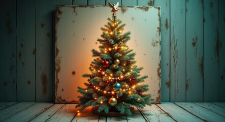 A beautifully adorned Christmas fir tree alongside a designated white wooden board.