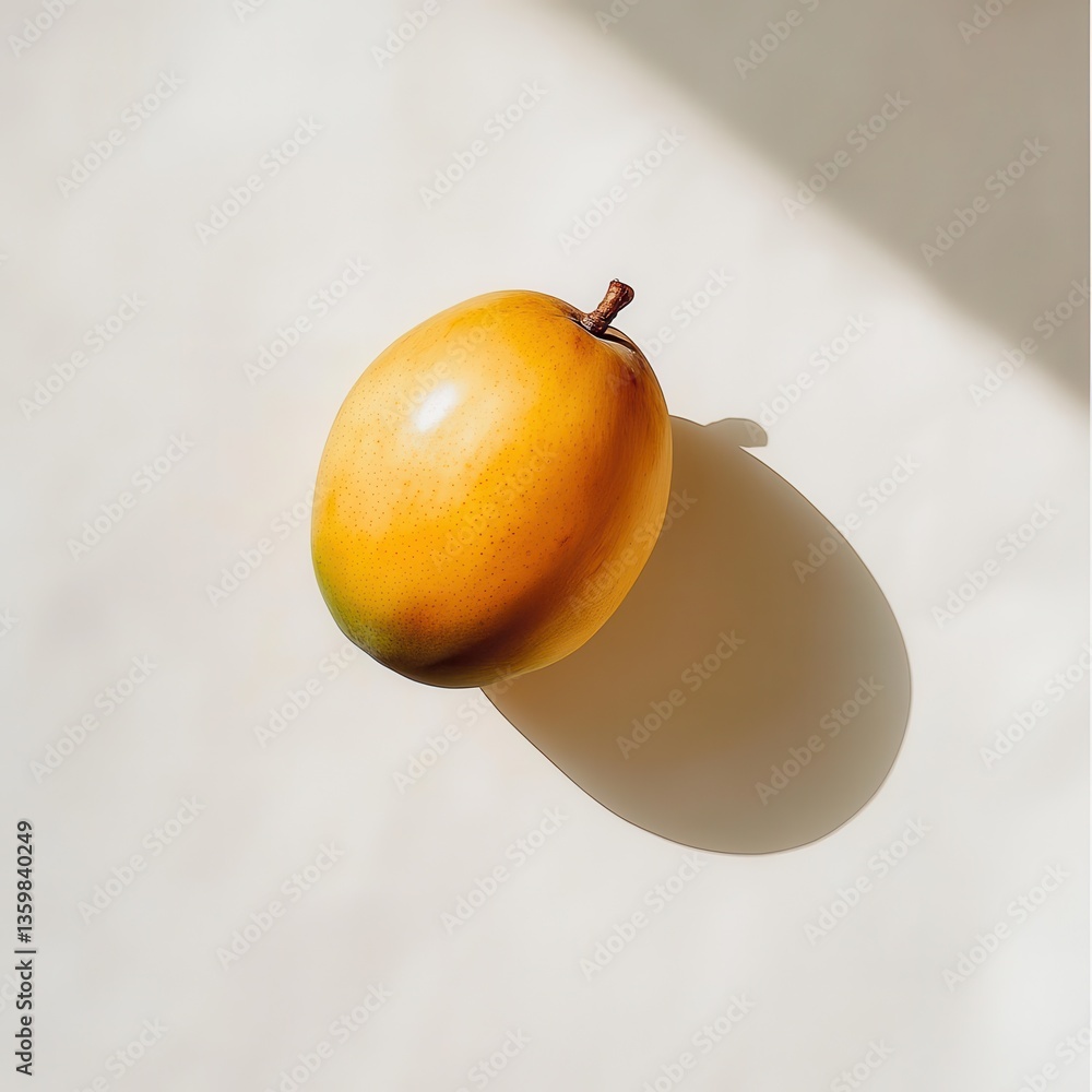 Poster ripe mango resting on a smooth surface showcasing its golden-yellow skin and natural shadow created 