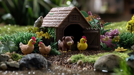 Playful farm scene with colorful toy animals near a miniature barn surrounded by vibrant flowers