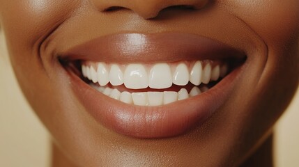 Fototapeta premium Close-up of a young woman smiling with her white and healthy teeth