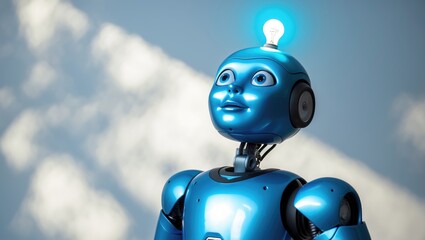 A delightful blue robot featuring a blue light bulb is set against a white background and appears to have an idea.