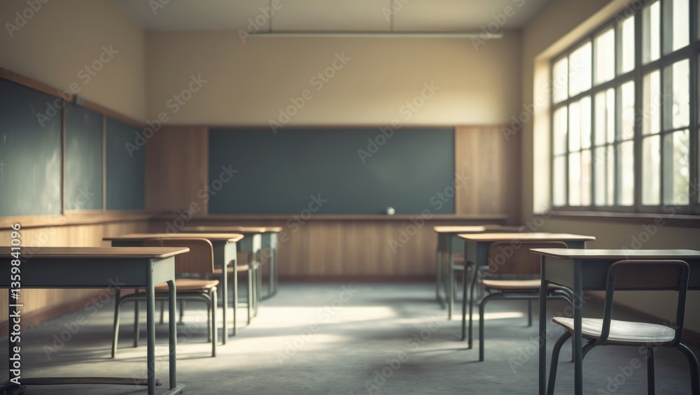 Poster backdrop of an unoccupied classroom.