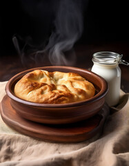 A steaming bowl of shoti bread placed alongside a jar of fresh Georgian yogurt on a linen cloth.