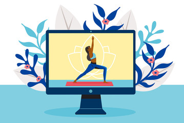 Woman practicing online yoga class on computer screen with floral background. Flat vector illustration