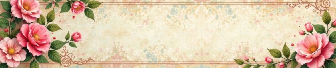 Distressed vintage ribbon banner with floral patterns and pastel colors , pastel, bohemian