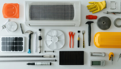 An overhead arrangement showcases different air conditioning units alongside tools and accessories essential for installation and maintenance, providing a clear layout for efficient workflow