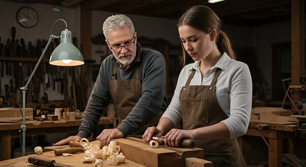 A young woman works alongside an experienced craftsman in a traditional workshop, learning woodworking techniques.