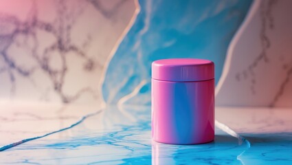 A pink cylindrical container stands vacant against a duotone backdrop that resembles marble stone.