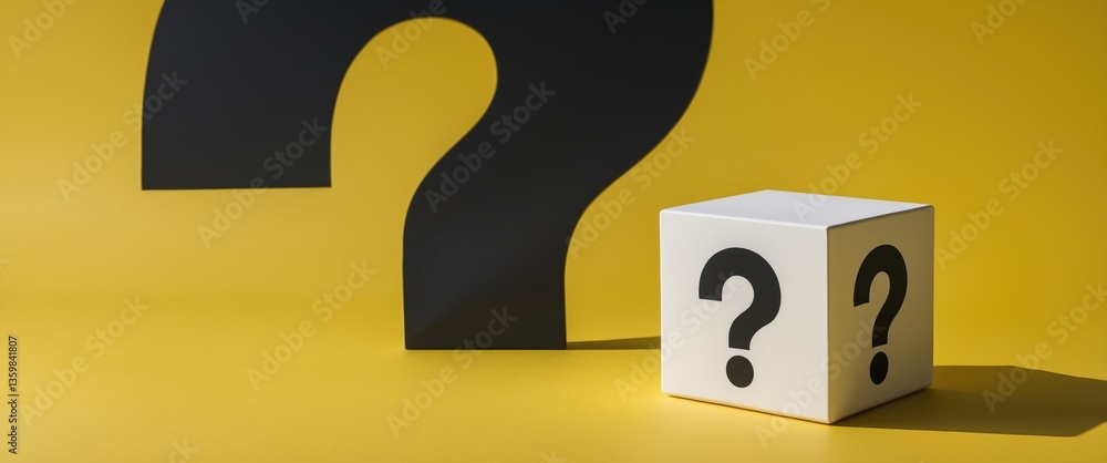 Poster a white cube featuring a black question mark is positioned against a yellow background. the cube is 