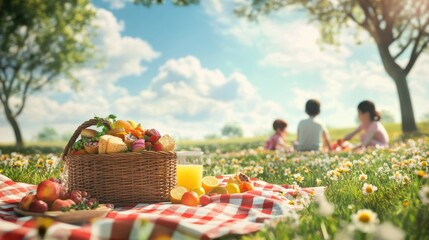 Family enjoys a spring picnic in a serene meadow filled with wildflowers and sunlight