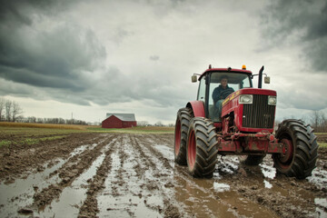 Red tractor driving through muddy field under cloudy sky with barn in background, symbolizing hard work, farming and rural life. Copy space