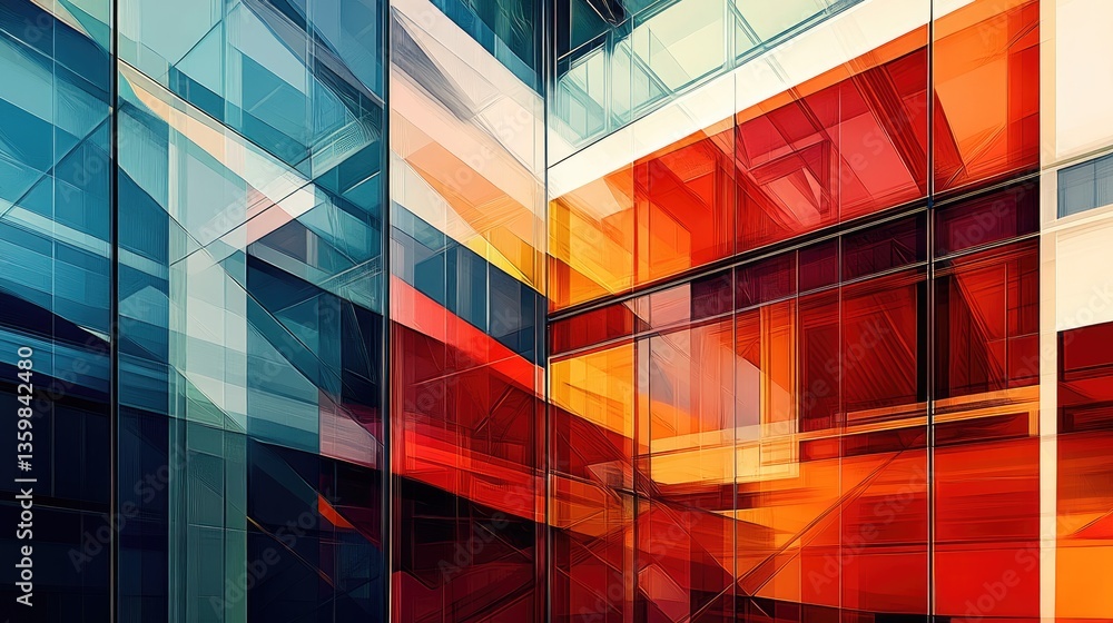 Poster vibrant abstract structure with geometric shapes and colorful reflections in modern urban architectu