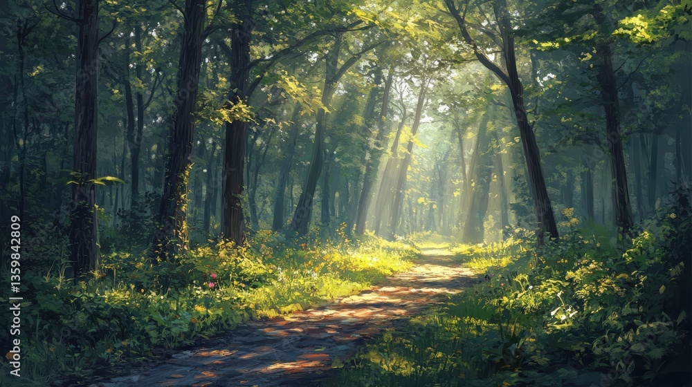 Poster serene bike trail winding through a peaceful forest at dawn with soft sunlight filtering through the
