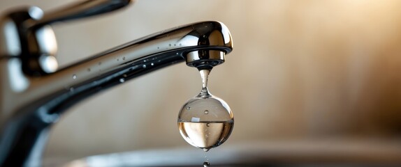 A droplet of clean water falling from the faucet. Selective focus.