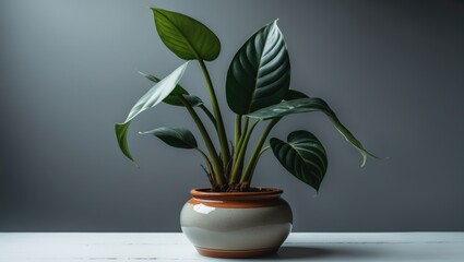 A close-up view of a Pilea peperomioides indoor plant in a ceramic pot against a gray background on a white table.