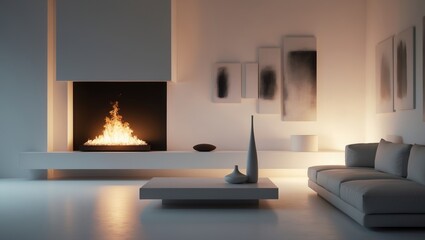 This minimalist living room with its white walls and contemporary fireplace sets the ambiance for the space.