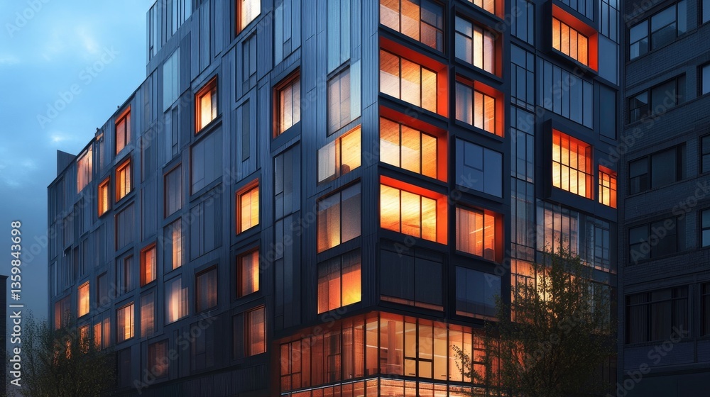Poster modern urban building at dusk with illuminated windows and architectural design features in a city l