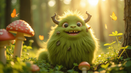 Fototapeta premium cute green creature with fluffy fur and horns sits among mushrooms in sunlit forest, surrounded by butterflies