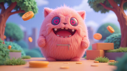 Fluffy pink creature with big eyes and wide smile, surrounded by coins and trees, exuding joy and playfulness