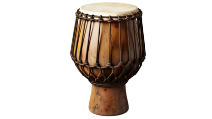 Percussion Symphony: A detailed view of a handcrafted djembe drum, showcasing the natural wood grain and intricate rope work that embodies the spirit of rhythm and cultural heritage. 