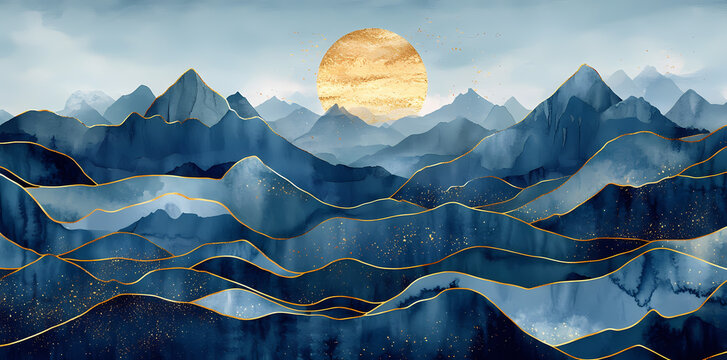 Golden Sunrise Over Azure Peaks: A breathtaking landscape depicts a golden sun rising over a series of majestic blue mountain ranges, all artfully enhanced with subtle golden accents. 
